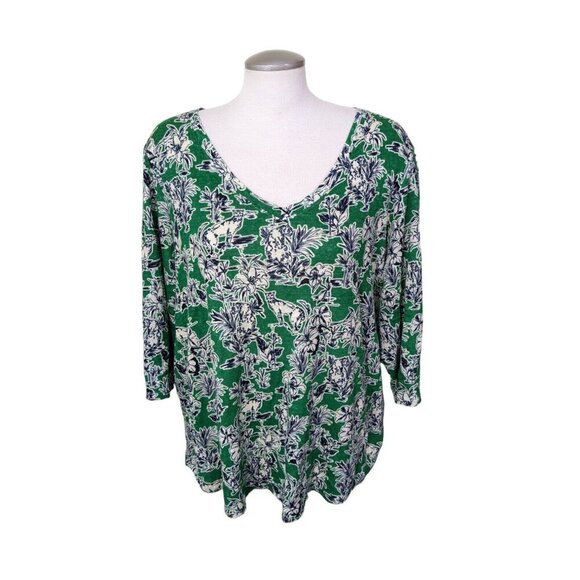 C & C California Womens Plus Size 2X Linen Top Green Tropical Print V Neck - Picture 1 of 6